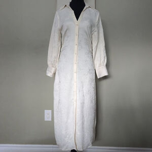 ZARA Vintage Style Cream Jacquard Maxi Dress // Floral Embroidery S